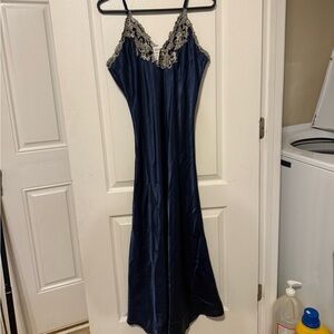 Elegant Navy Blue Gown with Silver Lace